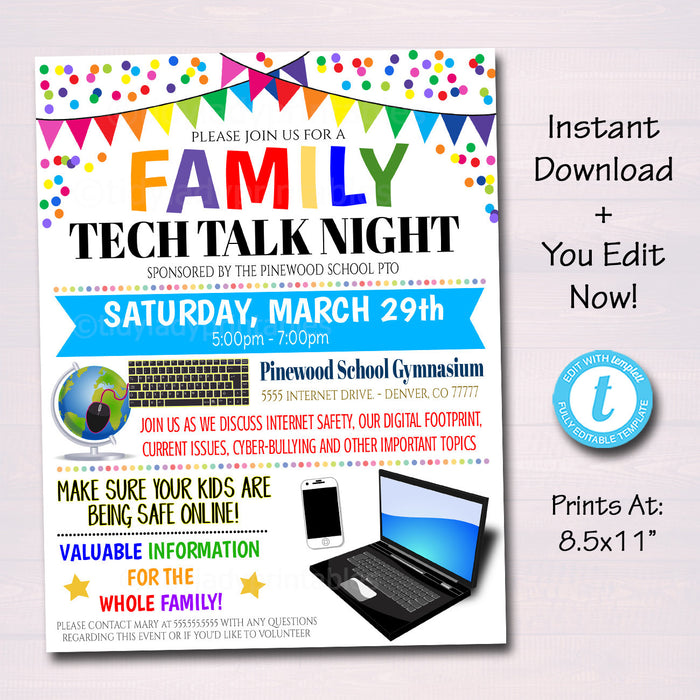 Family Tech Talk Internet Safety Night Event, Cyber-Bullying Printable Editable Template
