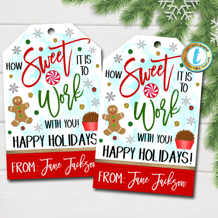Christmas Coworker Gift Tags, How Sweet it is To Work With You, Holiday Candy Chocolate Cookie Treat Gift Tag Label, DIY  Template