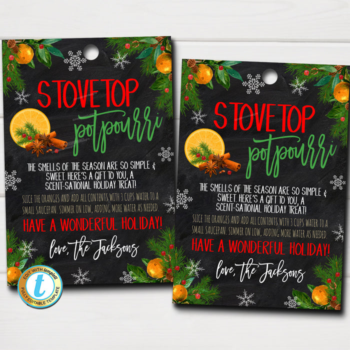 Stovetop Potpourri Gift Tags, Christmas Holiday Scent-sational, Candle Tag, Holiday Teacher Staff Gift Idea, Secret Santa,  Template