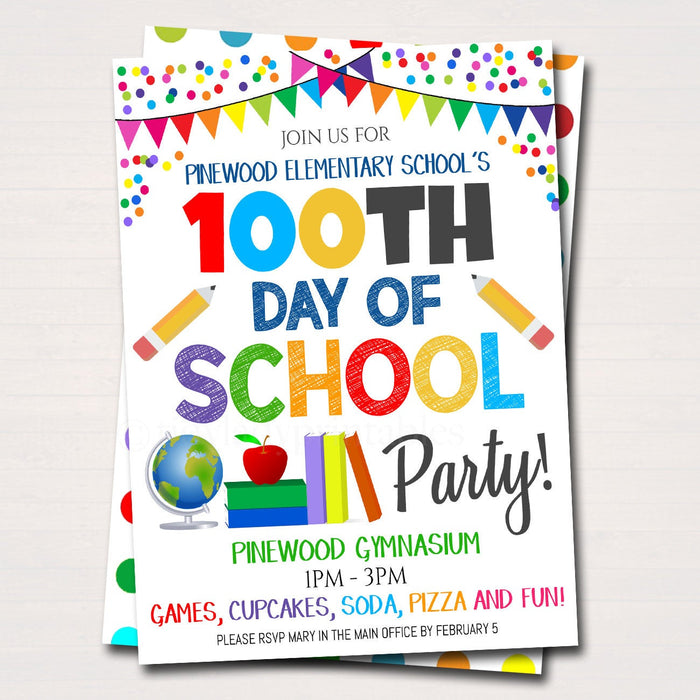 100th Day of School Class Party Invitation, School pto pta, Printable Party Invite 100 Days Smarter Kids Teacher Classroom, INSTANT DOWNLOAD