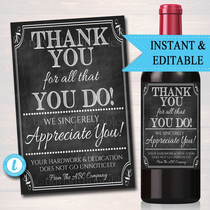 Appreciation Wine Label, Thank you Gift Coworker, Employee Staff Teacher Company, Printable Wine Gift Tag, INSTANT DOWNLOAD