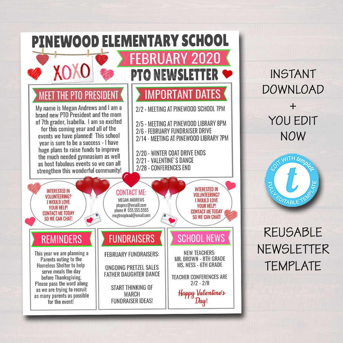 February Newsletter Template PTO PTA TidyLady Printables