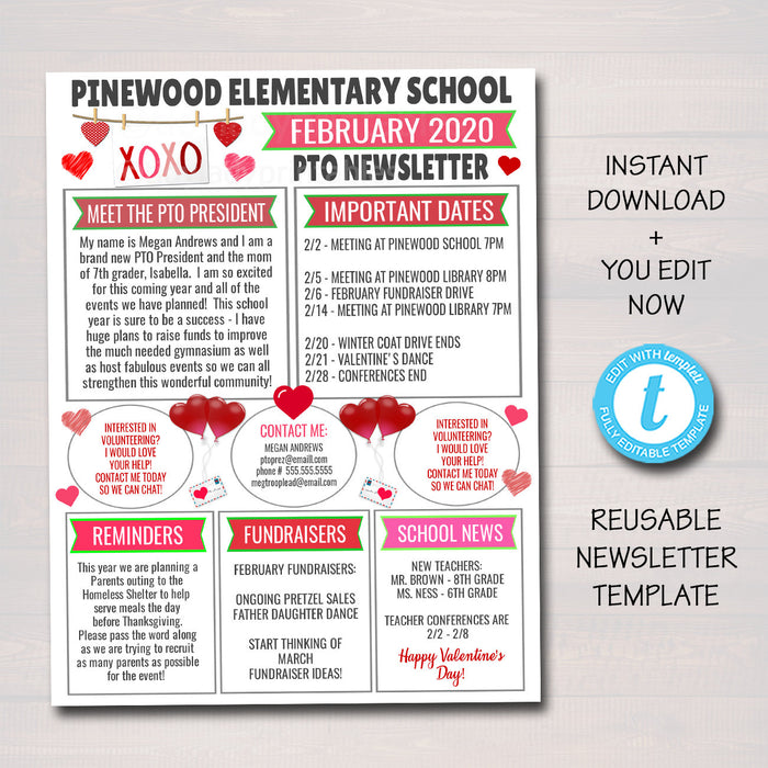 February PTO PTA Newsletter Flyer, Winter Printable Handout, School Year Calendar Meeting Agenda Valentine's Day Organizer EDITABLE Template
