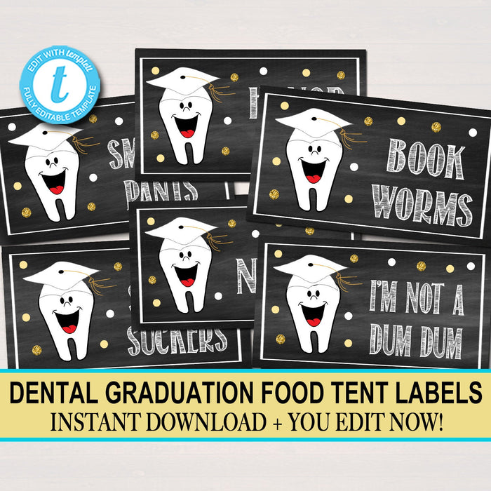 Dental Graduation Food Tent Labels, Dentist Printable Party Decoration, Graduation Candy Food Bar Signs, Gold Black Party, EDITABLE TEMPLATE