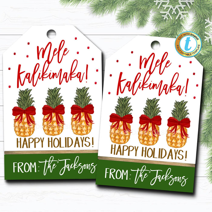 Christmas Pineapple Gift Tags, Holiday Mele Kalikimaka Tropical Xmas Fruit Gift Tag, Secret Santa Teacher Staff Label, DIY  Template