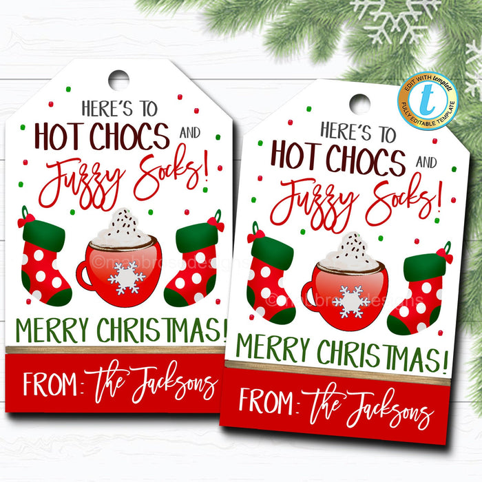 Christmas Gift Tags, Hot Chocs and Fuzzy Socks, Teacher Staff Employee Holiday Gift, Xmas Sock Tag  Template, Self-Editing Download