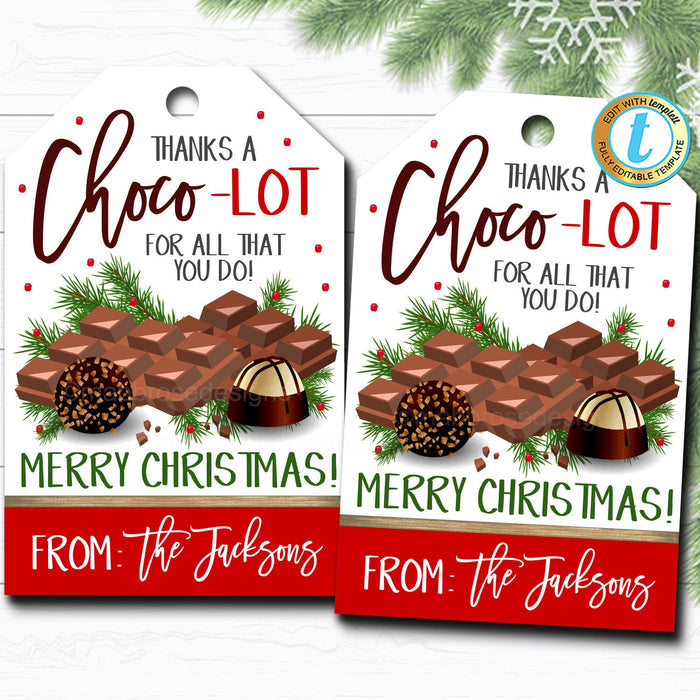 Christmas Chocolate Candy Gift Tags, Thanks a Choco-Lot, Staff Employee Teacher Appreciation Favor Tag, School Pto Pta DIY  Template