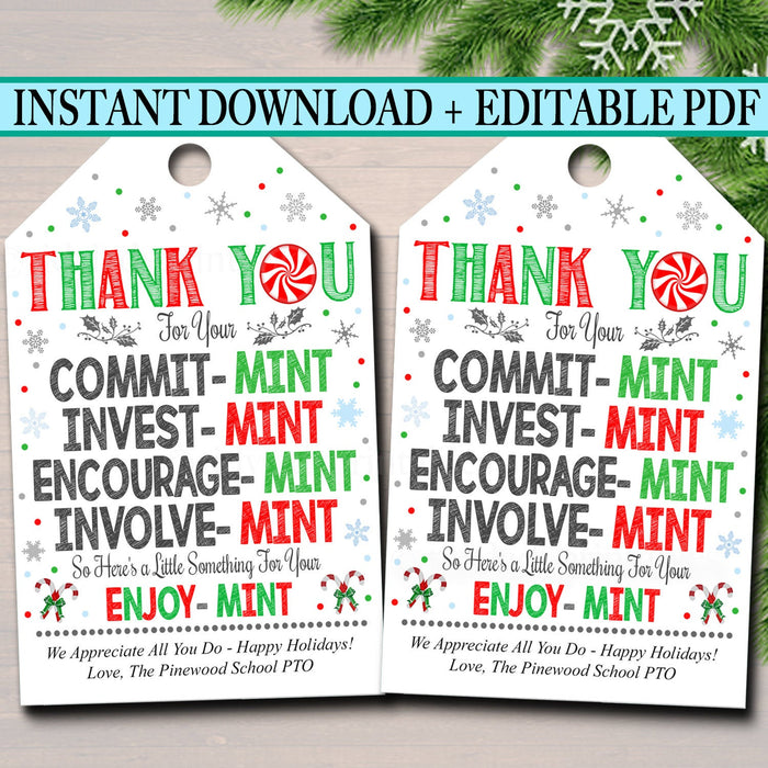 Christmas Mint Tags, Thank You Tags, Volunteer Labels, Printable, INSTANT + , Christmas Holiday Gift, PTA Staff Gift Appreciation