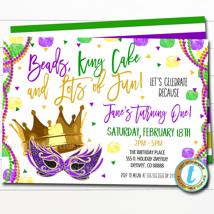 Mardi Gras First Birthday Party Invitation, Beads King Cake and Lots of Fun Party, Editable Template, New Orleans Sprinkle, DIY Self-Editing