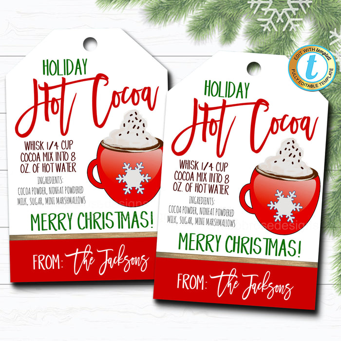 Christmas Gift Tags, Hot Cocoa, Hot Chocolate Recipe Tag Holiday Teacher Staff Secret Santa Gift Tag, Xmas Treat Label DIY  Template