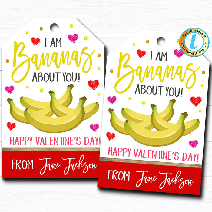 Valentine Banana Gift Tags, Fruit Treat Label, Bananas About You Appreciation Favor Tag, Teacher Staff School Pto Pta, DIY  Template