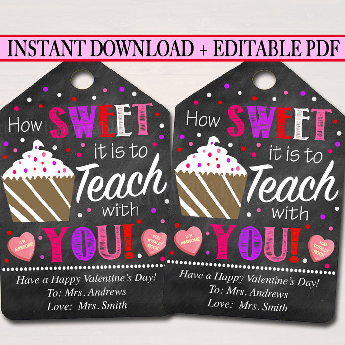 Valentines Day Teacher Coworker Favor Tags, School Appreciation Labels Printable INSTANT + EDITABLE, Valentine Candy Cookie Treat Gift Tag