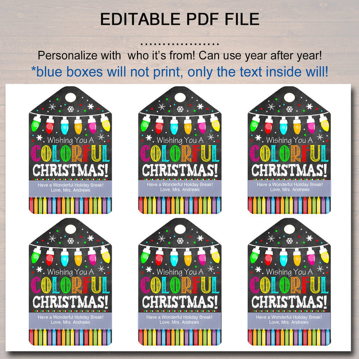 Christmas Gift Tags, Colorful Holiday, Printable Teacher Classroom Crayon Stocking Stuffer, Non Candy Xmas Treat Label,
