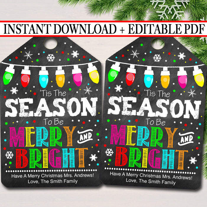Christmas Gift Tags, Tis the Season to Be Merry and Bright Printable Teacher Staff Work Gift Tag, Christmas Lights Gift,