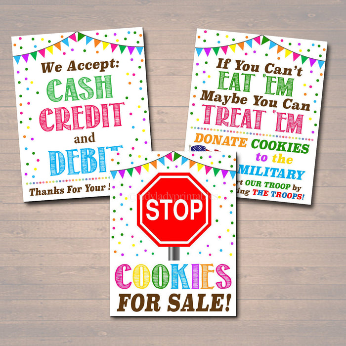Cookie Booth Sign Set, Accept Payments, Fundraising Booth, Stop Cookies, Donate Troops Printable