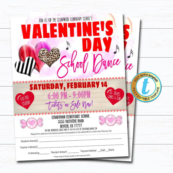 Valentine's Day School Dance Flyer and  Invitation Printable Template