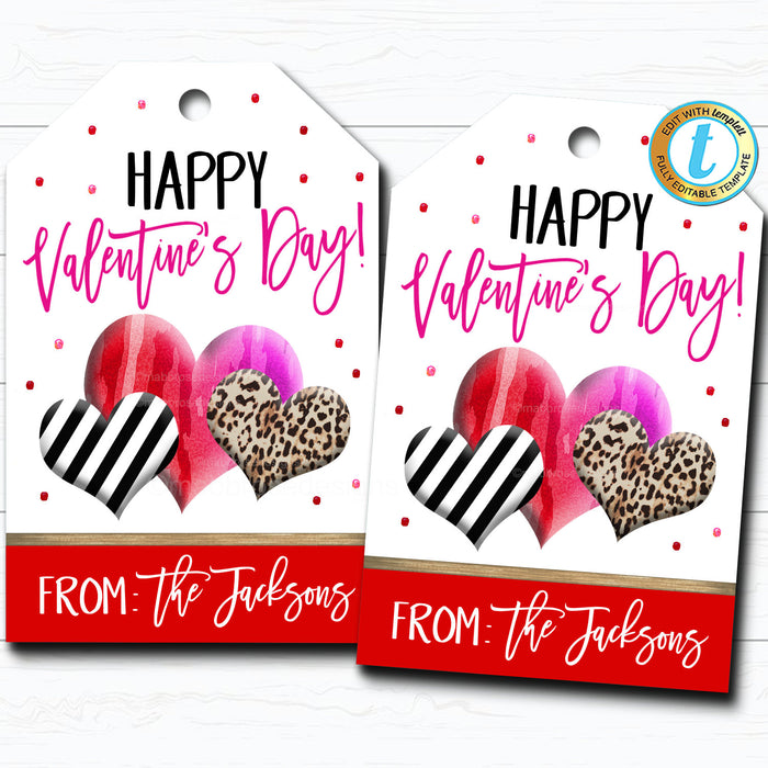 Valentine Gift Tags, Happy Valentine's Day Candy Chocolate Cookie Treat Gift Label, Modern Valentine Leopard Heart, DIY  Template