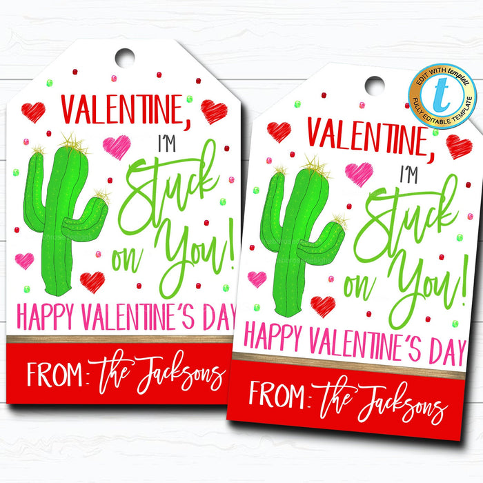 Valentine Cactus Gift Tags, I'm stuck on you Valentine Fiesta Tag, Gift Classroom School Teacher Staff Valentine Tag, DIY  Template