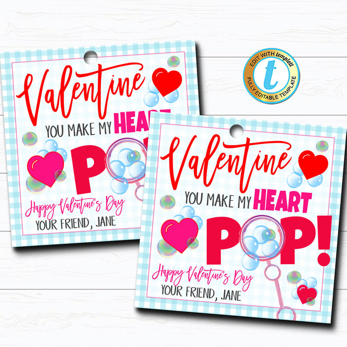 Valentine Bubble Gift Tags "You Make My Heart Pop" Printable