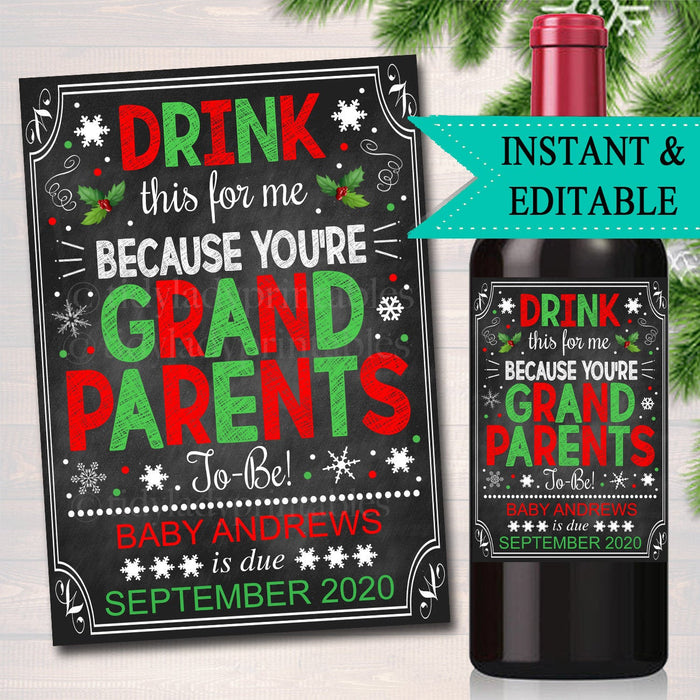 Christmas Pregnancy Announcement Wine Label, Drink This For Me You're Grandparents to Be Parents Promoted Pregnant Reveal INSTANT & EDITABLE