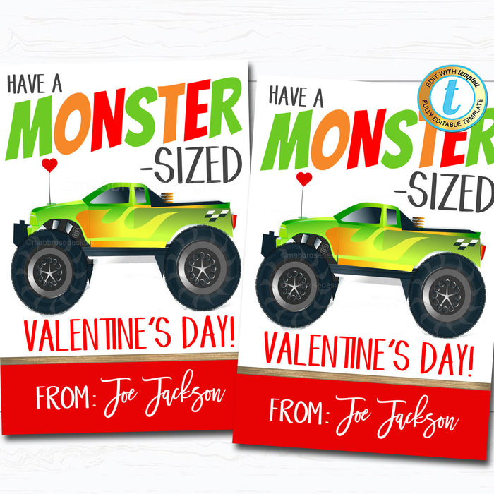 Monster Truck Valentines, Boy Truck Valentine Card Gift Classroom Party School, Teacher Staff Valentine Tag, DIY Printable  Template
