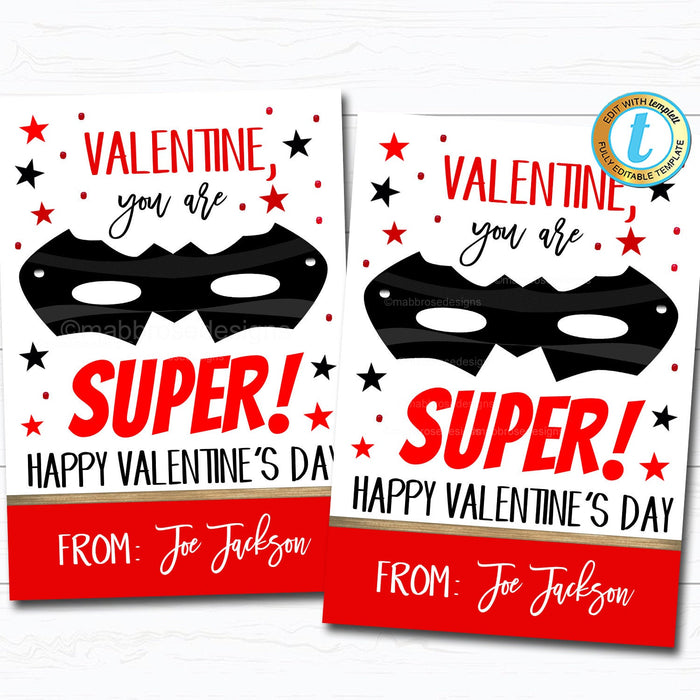Superhero Valentines, Boy Ninja Valentine Card Gift Classroom Party School, Teacher Staff Valentine Tag, DIY Printable  Template
