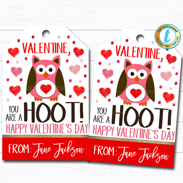 Valentine Owl Gift Tags, You're a Hoot, Friend Valentine Tag, Gift Kids Classroom School Teacher Staff Valentine, DIY  Template
