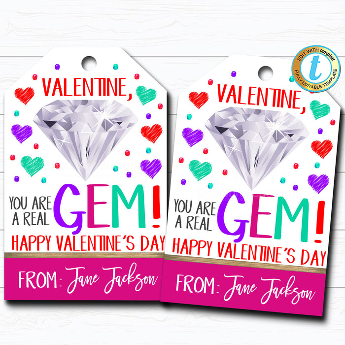Valentine Gem Tags, You are Gem, Girl Friend Valentine Jewelry Tag, Gift Kid Classroom School Teacher Staff Valentine, DIY  Template