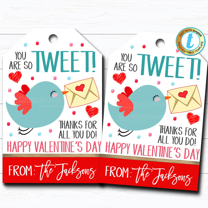 Valentines Gift Tags, You're So Tweet, Bird Appreciation Teacher Valentine, Candy Chocolate Cookie Treat Gift Label, DIY  Template