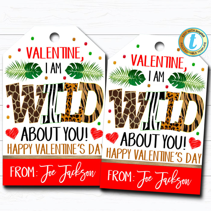Valentine Gift Tags, Wild About You Jungle Valentine Day Tag, Kid Classroom Friend, School Teacher Valentine Printable DIY  Template