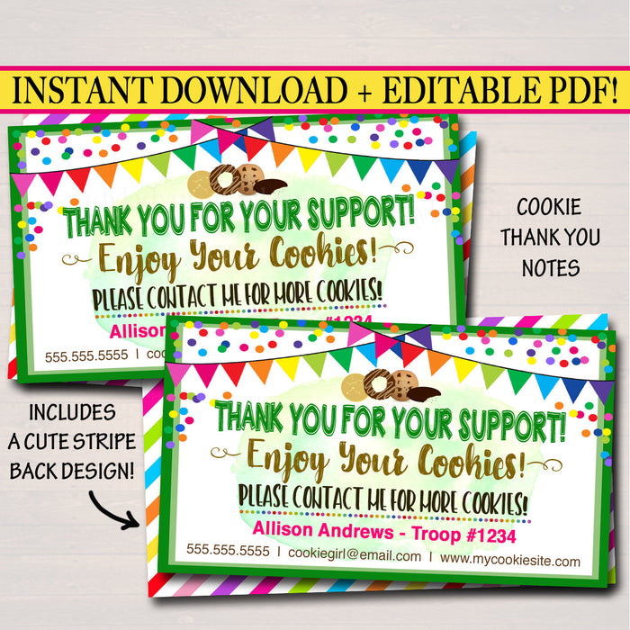 Cookie Thank You Notes - INSTANT DOWNLOAD Printable Marketing Tags