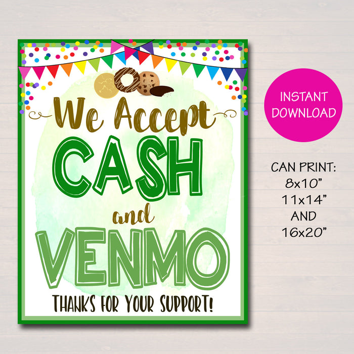 We Accept Payments Sign Cash and Venmo, Fundraising Booth, Bake Sale, Cookie Booth Printable Scouts Cookie Banner, Cookie Booth Poster