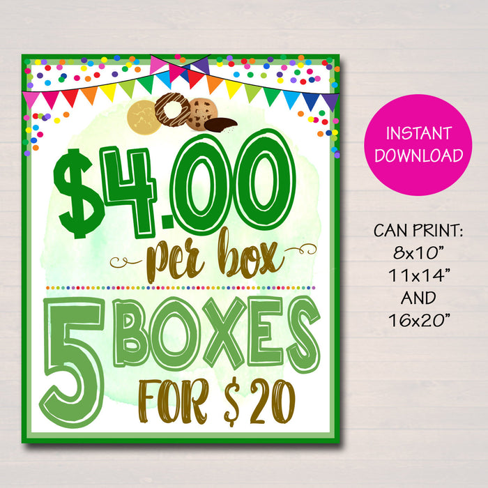 Cookie Price Sign, 4 dollars per box 5 for 20, Cookies Sold Here, Printable Cookie Booth Poster, Sale Fundraiser Display, INSTANT DOWNLOAD