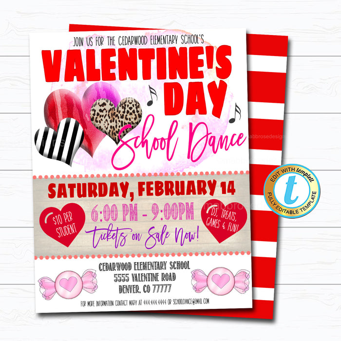 Valentine's Day School Dance Flyer and  Invitation, School Church Pto Pta Flyer, Winter Party  Template, Valentine DIY Self-Editing