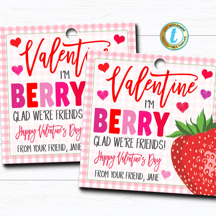 Valentines Strawberry Fruit Snacks Gift Tag DIY Editable Template
