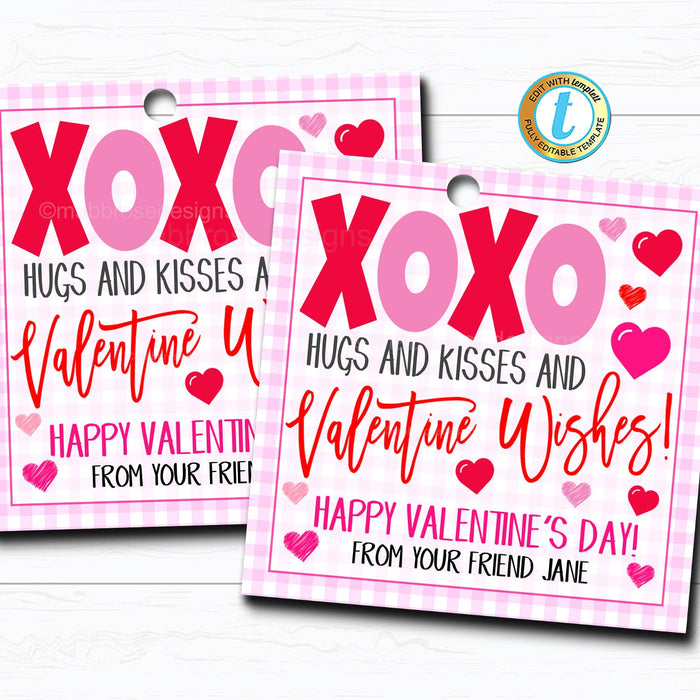 Valentine's Gift Tag, xoxo Hugs and Kisses Valentine Card  DIY Editable Template