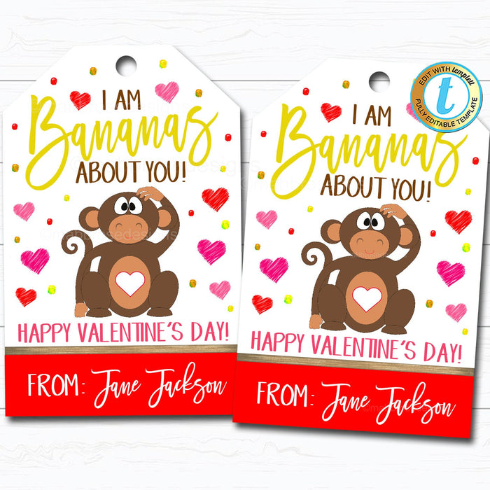 Valentine Banana Gift Tags, Fruit Treat Label, Bananas About You Appreciation Favor Tag, Teacher Staff School Pto Pta, DIY Editable Template