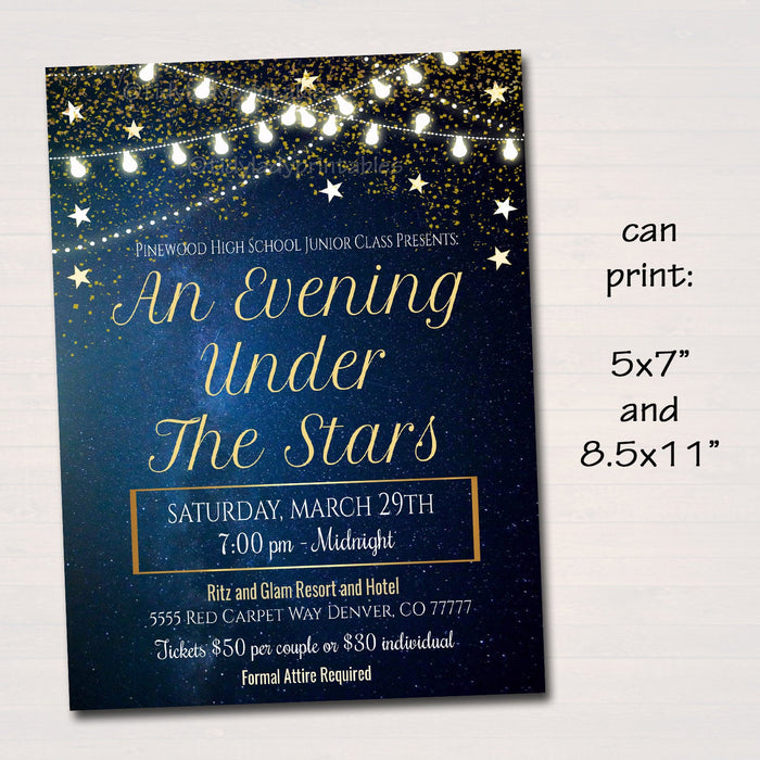 Starry Night Theme Prom Dance Invitation. Starry Night, Gold Glitter An Evening Under The Stars.
