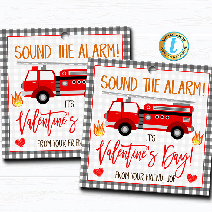 Firetruck Valentines, Boy Fire Truck Valentine Card Gift Classroom Party School, Teacher Staff Valentine Tag DIY Printable  Template