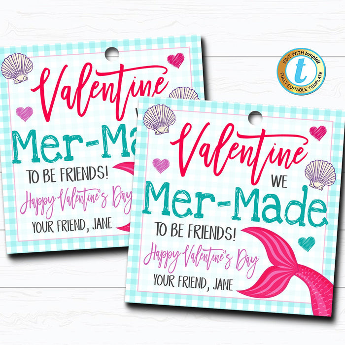 Mermaid Valentines, We Mer-made to be Friends Girl Valentine Card, Gift Classroom Party School Teacher Valentine Tag, DIY  Template
