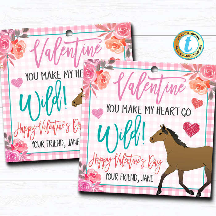 Cowgirl Horse Valentines, Make My Heart Wild Girl Valentine Card, Gift Classroom Party School Teacher Valentine Tag, DIY  Template