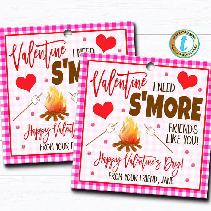 Valentines S'mores Gift Tag, Valentine Friend Gift Teacher Staff Employee Bakery Cookie Thank You Tag School Pto Pta DIY  Template
