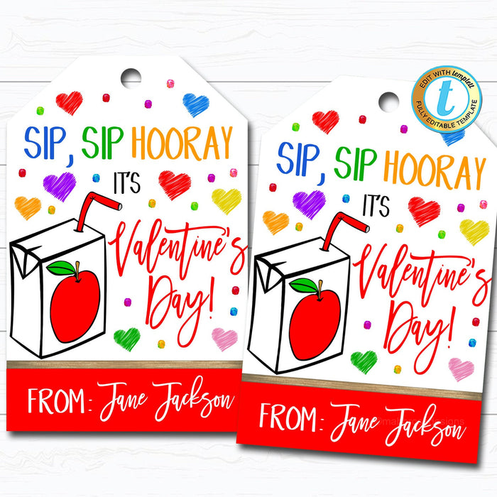 Valentine JuiceBox Gift Tags, Sip Sip Hooray, Apple Fruit Juice Valentine, Classroom School Teacher Kids Valentine, DIY  Template
