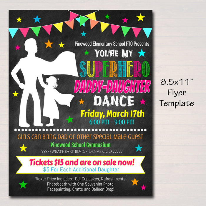 Daddy Daughter Superhero School Dance Set Flyer Invite Ticket Printable