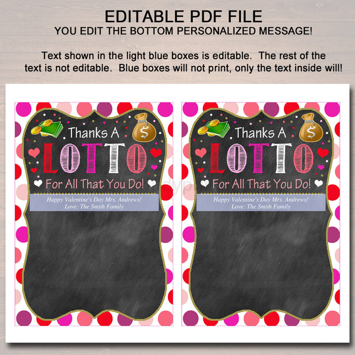 Valentine Lottery Gift Card Holder, Printable Thanks a Lotto gift Teacher Appreciation, Coach Staff Nurse, INSTANT DOWNLOAD Gift Card Holder
