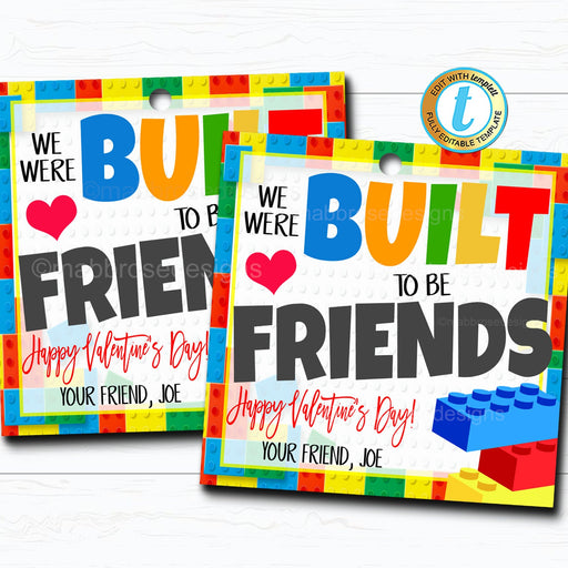 Valentine Gift Tags, Awesome Built to Be Friends Valentine Tag, Boy Toy Kid Classroom School Teacher Party Valentine, DIY Editable Template