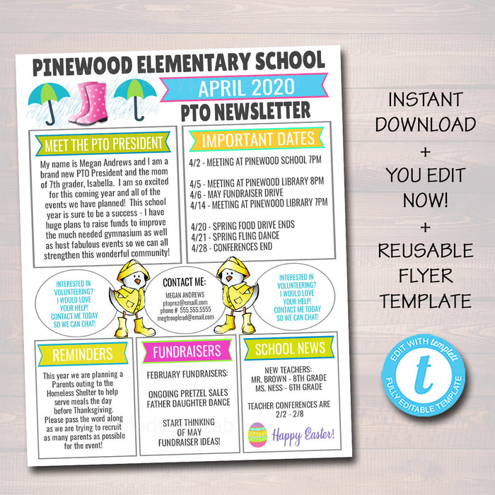 April PTO PTA Newsletter Flyer, Easter Classroom Printable Handout Printable Template