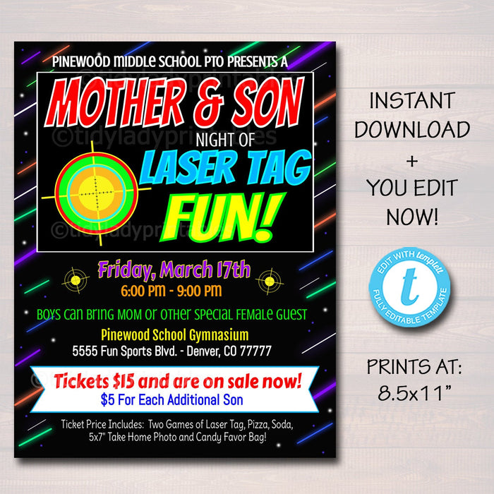 Laser Tag Event Flyer, Mother Son Date Night Printable Template