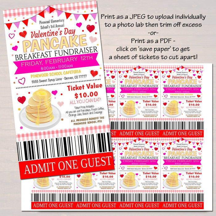 Valentines Day Pancake Breakfast Fundraiser Flyer and Ticket Set