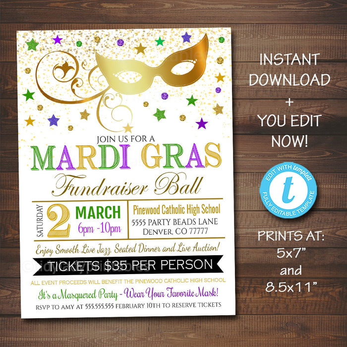 Mardi Gras Invitation Flyer, Masquerade Ball Formal Invite Printable Template